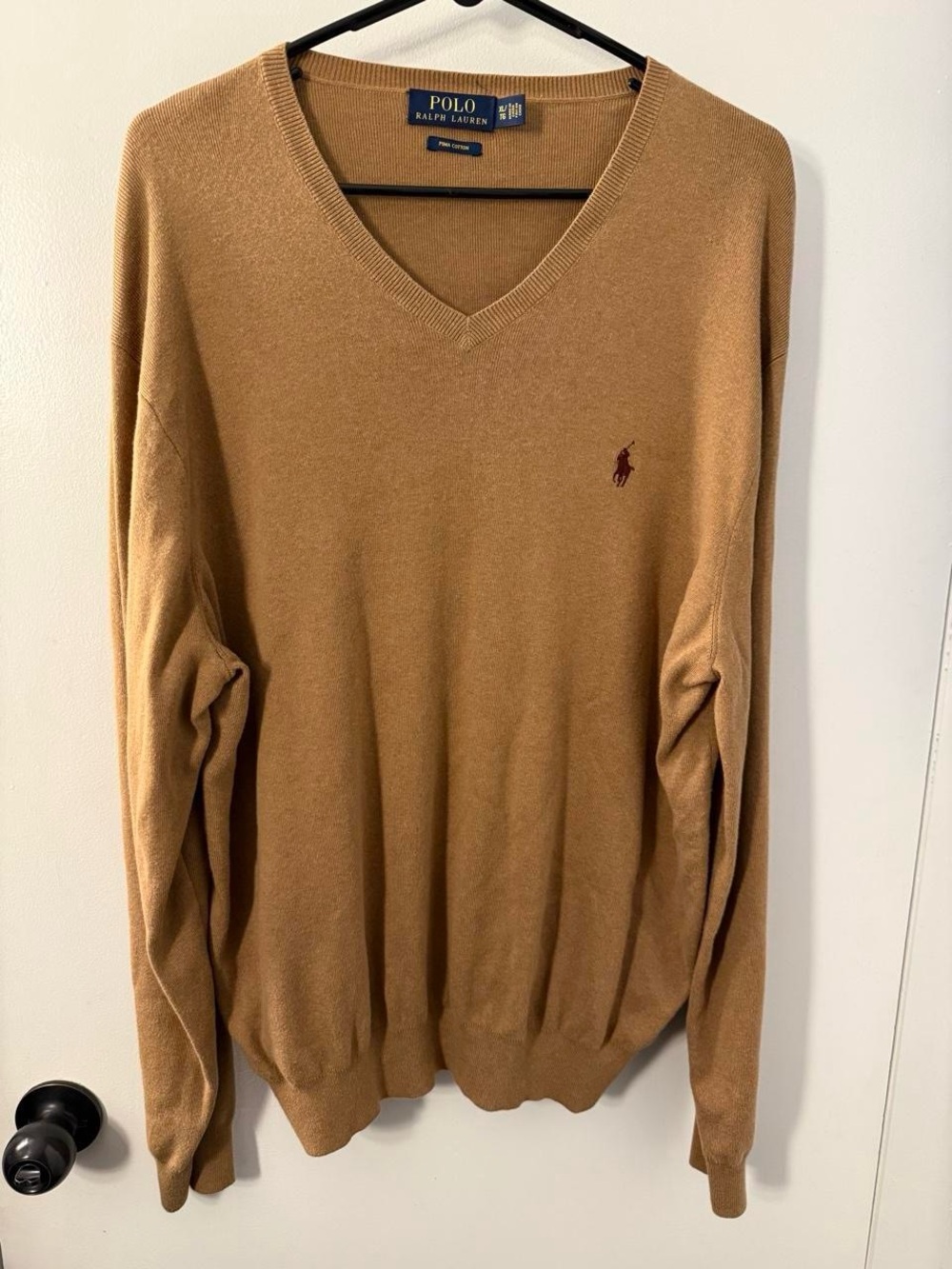 Polo by Ralph Lauren V-Neck Sweater in Camel with Maroon Pony